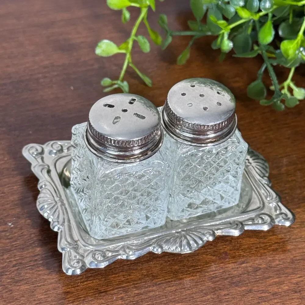 Vintage Mini Salt & Pepper Shakers Silver Plated Tray Clear Diamond Point Glass
